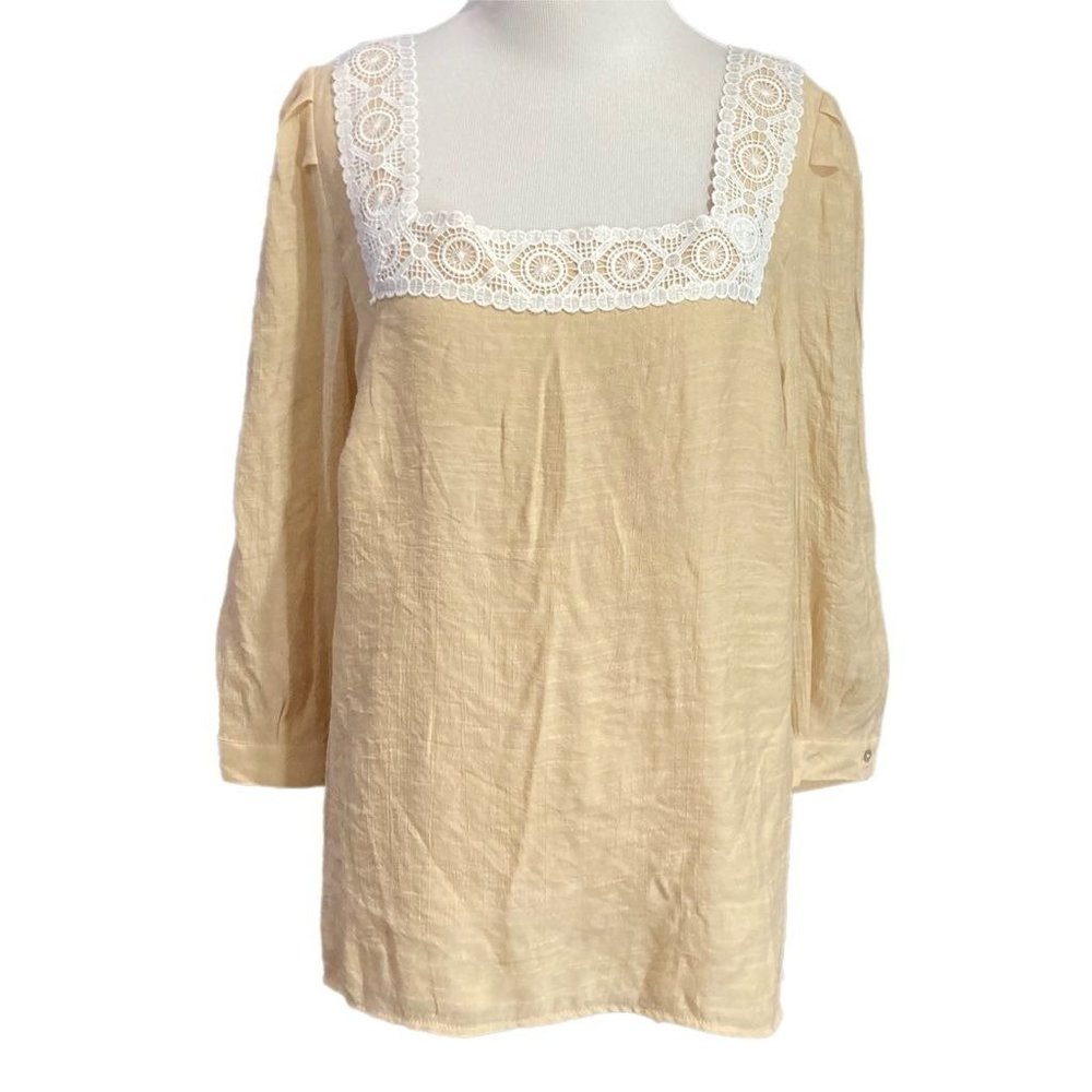 Nanette Lepore Cream Linen Blend Square Neck Blouse with White Lace Trim
